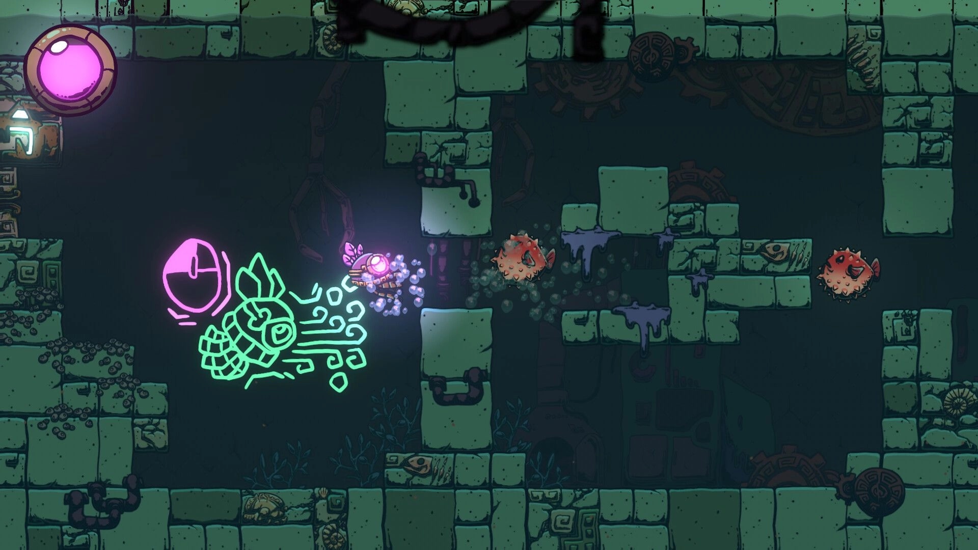Light of Atlantis: Robot navigating ancient ruins with neon symbols and pufferfish enemies in underwater maze