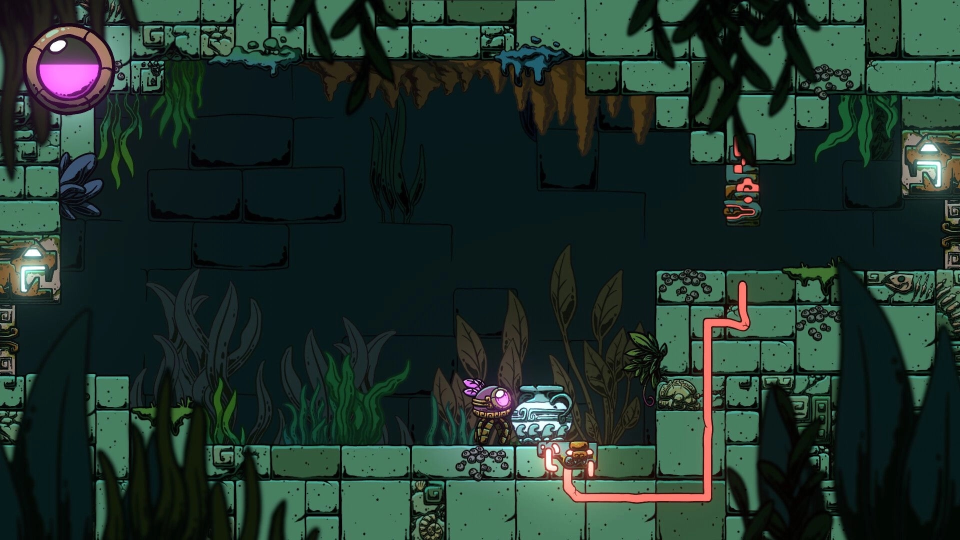 Light of Atlantis: Robot manipulating water pipes in ancient underwater ruins with glowing pink orb