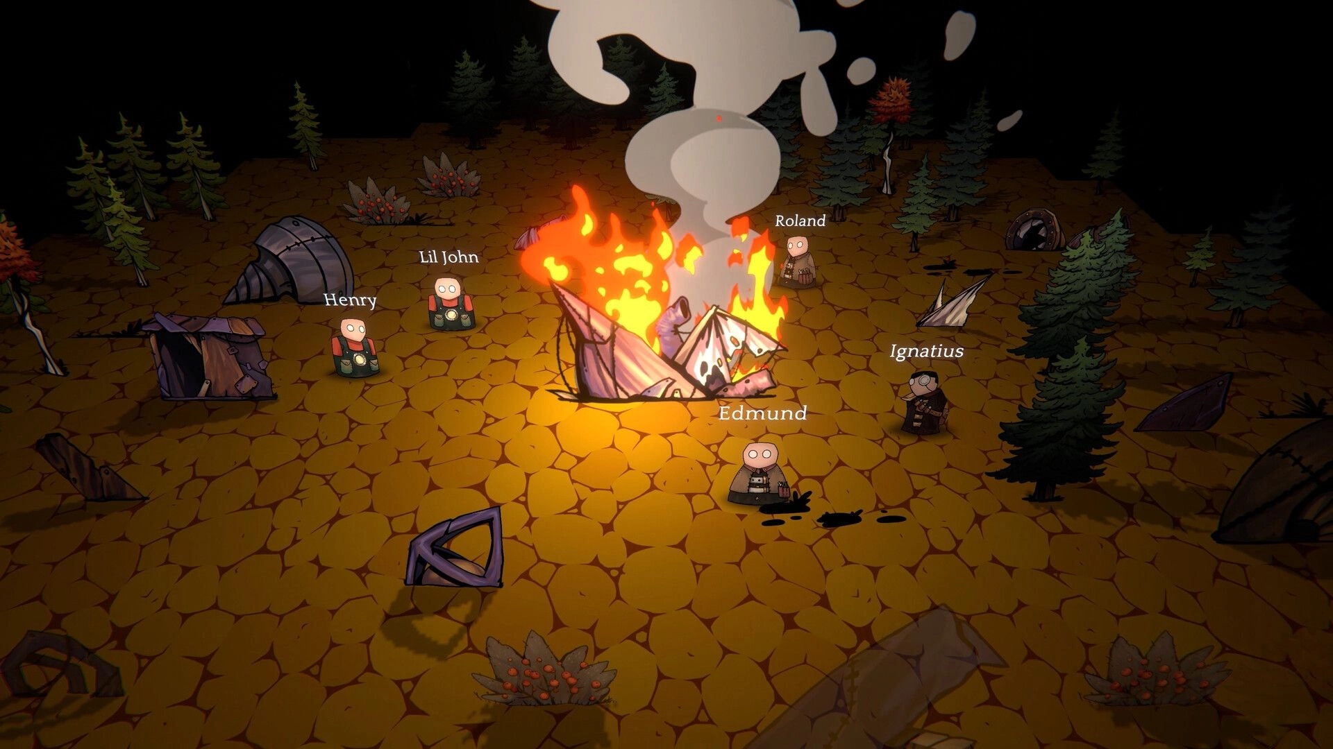 Light Up the Dark: Colonists gather around a burning wreckage in a dark forest clearing with scattered tents.