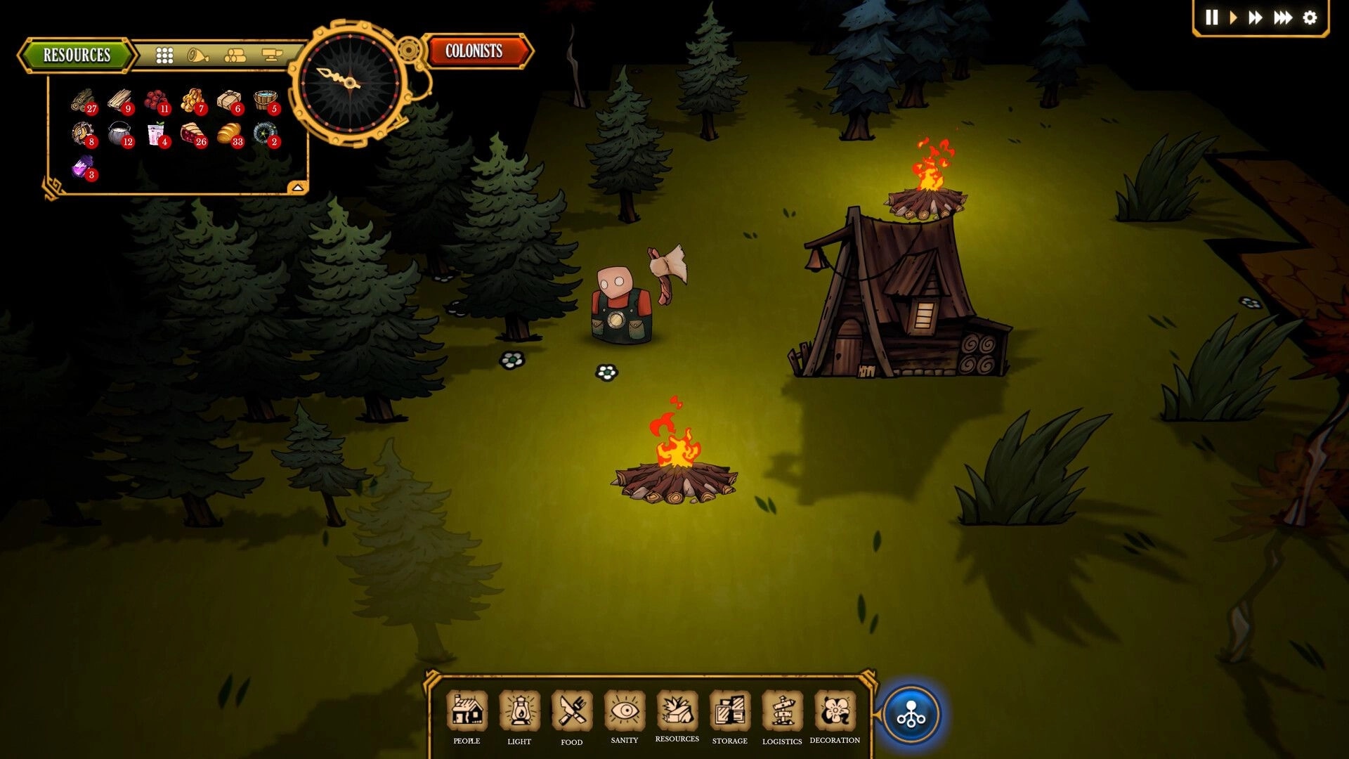 Light Up the Dark: Single colonist near campfire and hut in forest clearing with resource menu visible