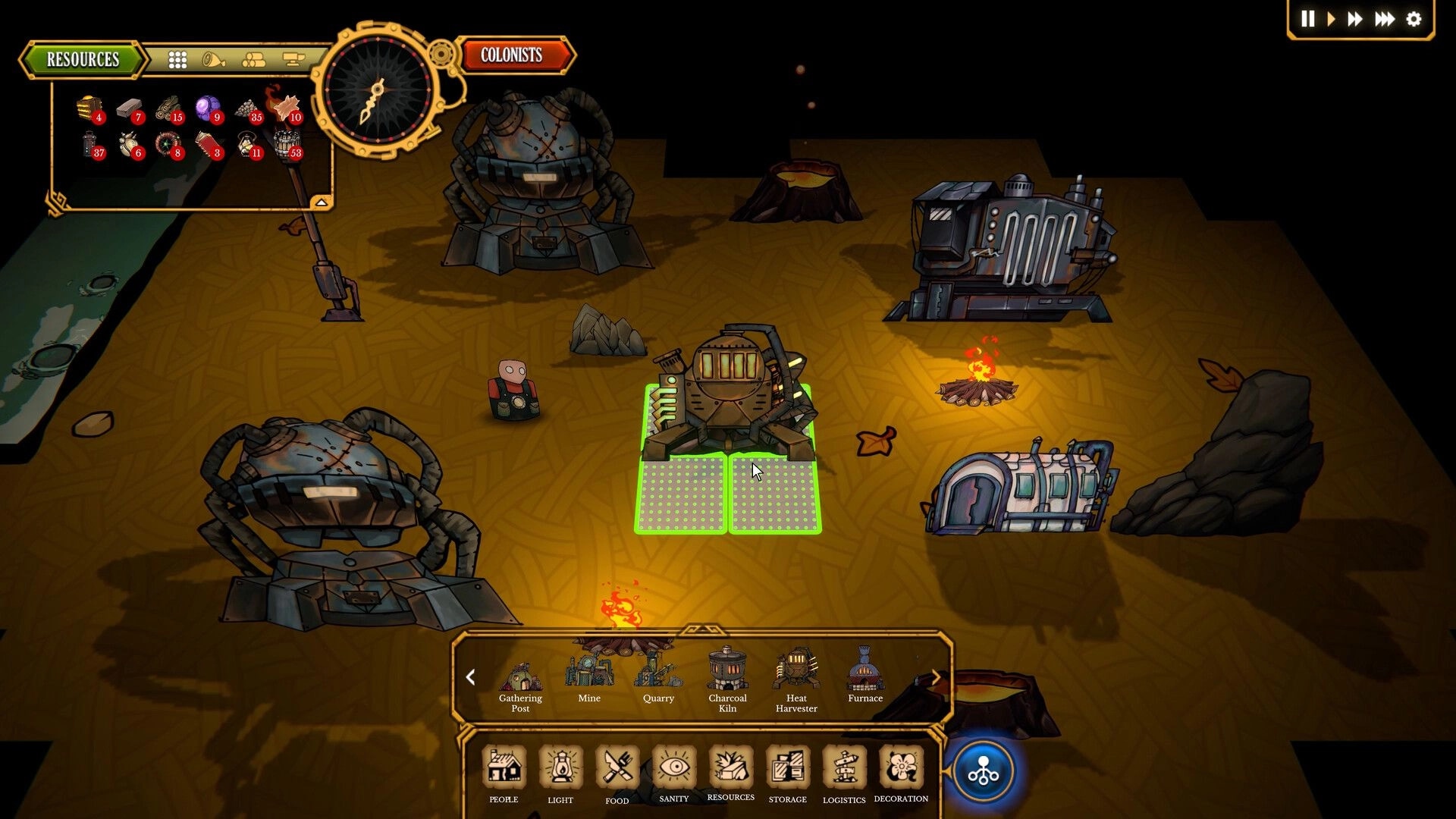 Light Up the Dark: Resource management UI with machinery setup in a dimly lit survival colony environment.