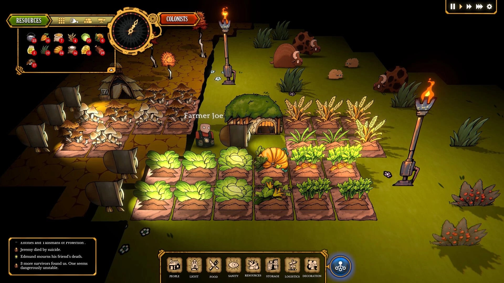 Light Up the Dark: Farmer Joe tends crops in a village with resource and colonist menus visible