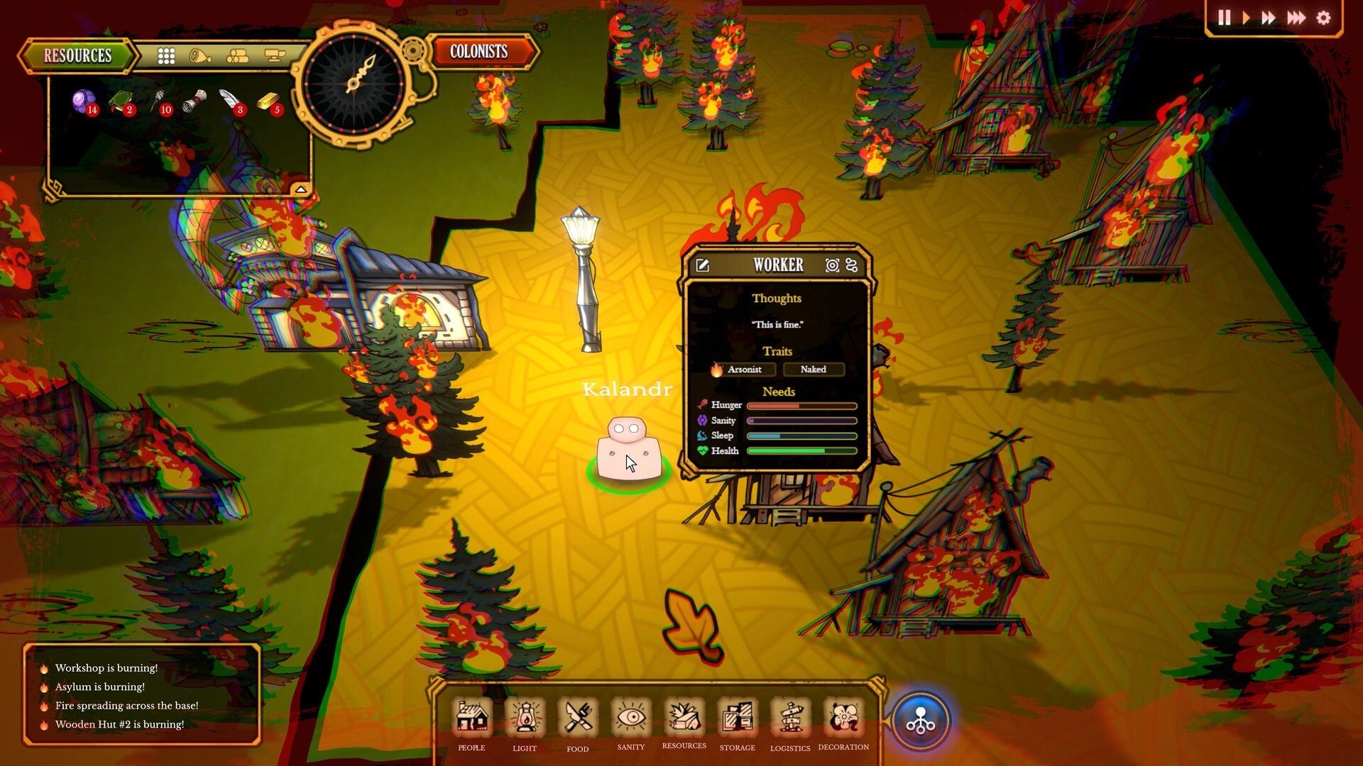Light Up the Dark: Worker Kalandr near burning buildings with UI showing traits and needs in village setting