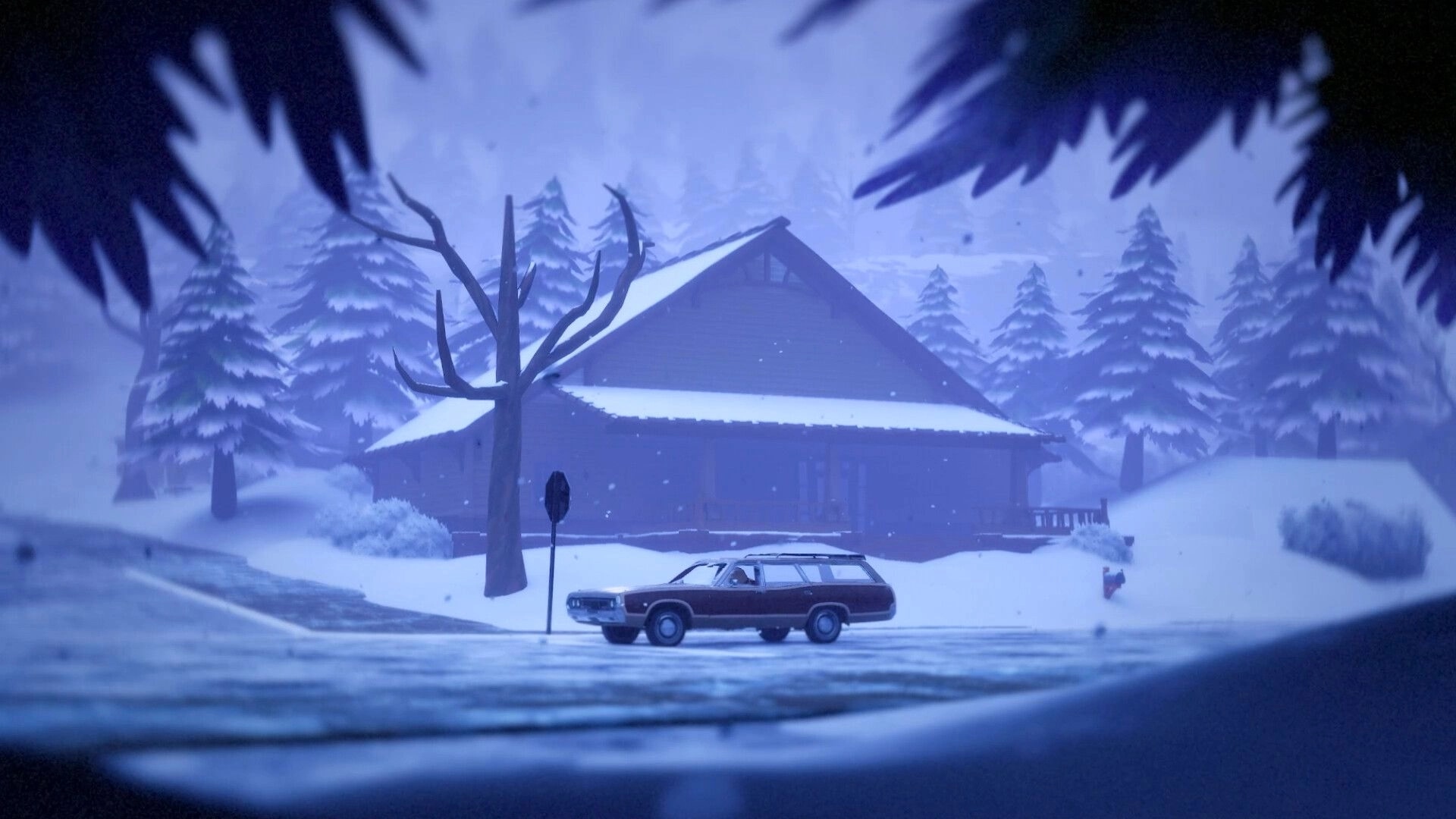 Light Up The Town: Snowy cabin with parked car under twilight sky in Bellflower's winter landscape