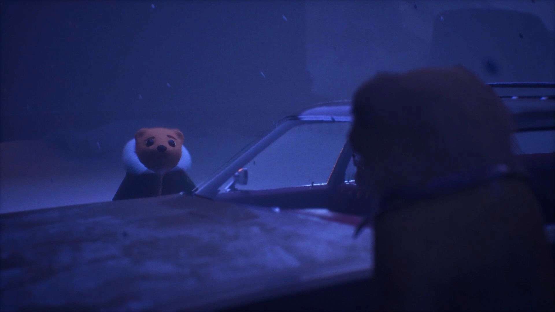 Light Up The Town: Bean gazes through a frosty car window in the snowy streets of Bellflower, Colorado.