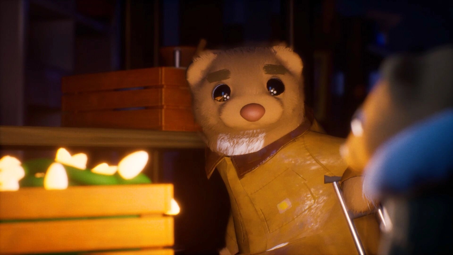 Light Up The Town: Bean the ferret holds festive lights in a cozy room filled with wooden crates