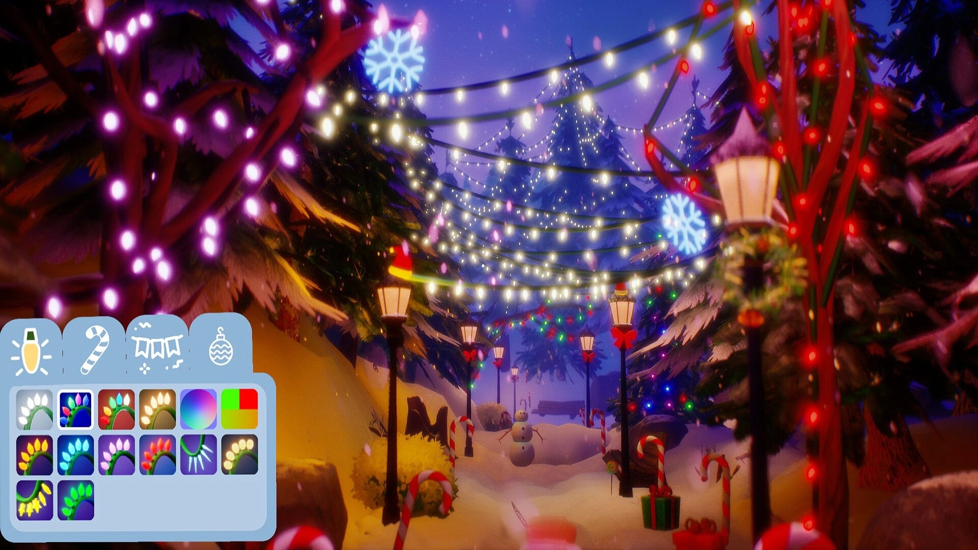 Light Up The Town: Festive string lights and snowflakes adorn a snowy street, with inventory menu visible.