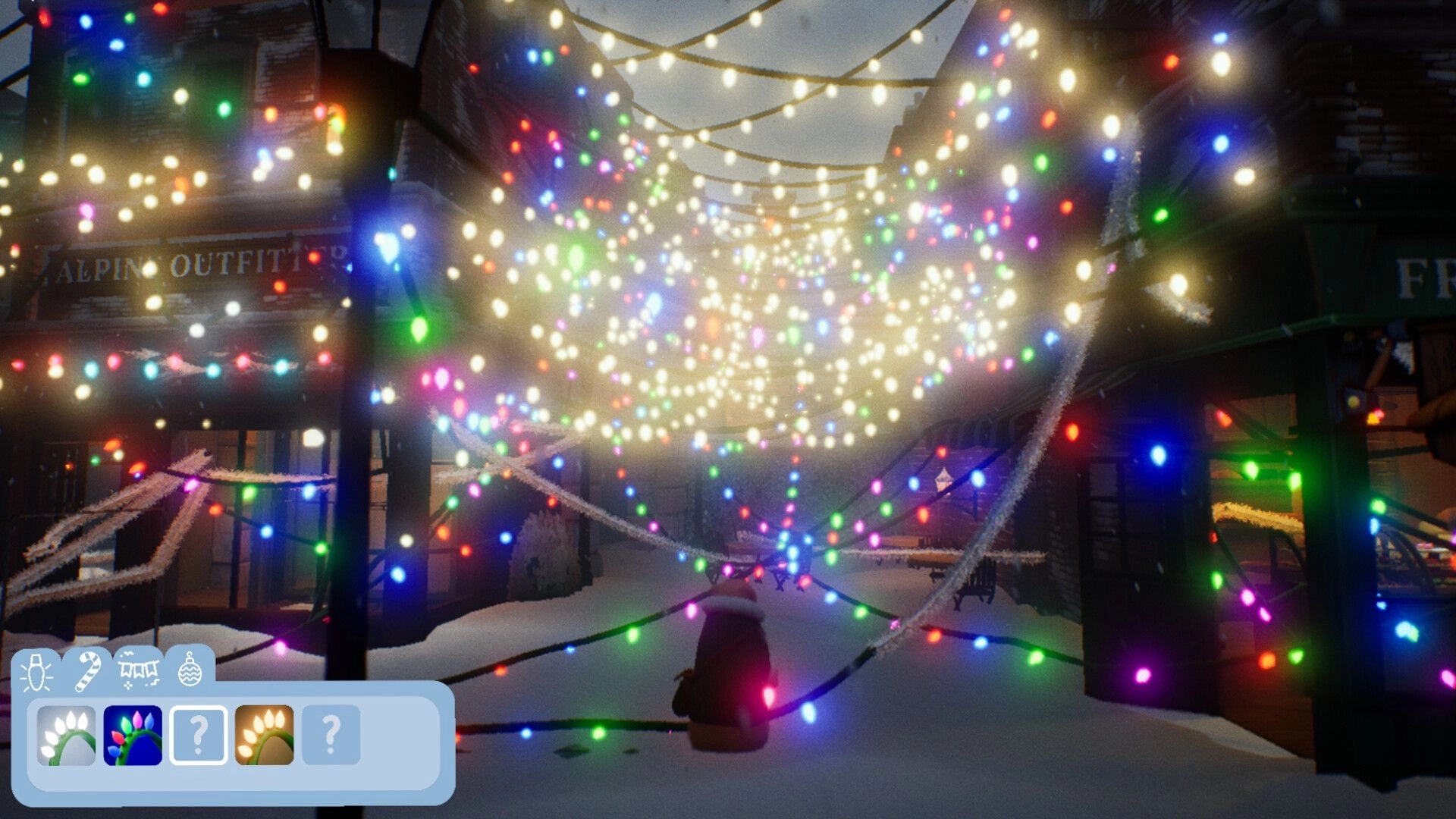 Light Up The Town: Bean sits in snowy street under colorful festive lights in cozy Bellflower, Colorado.