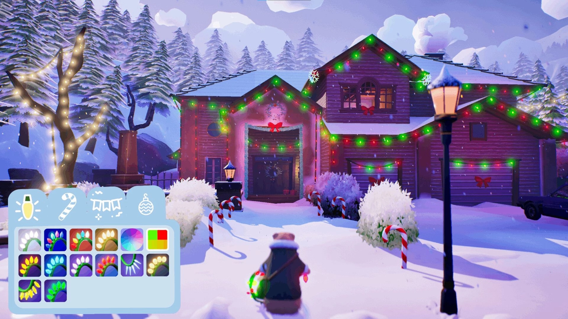 Light Up The Town: Bean decorates a snowy house with festive lights, inventory menu in bottom left
