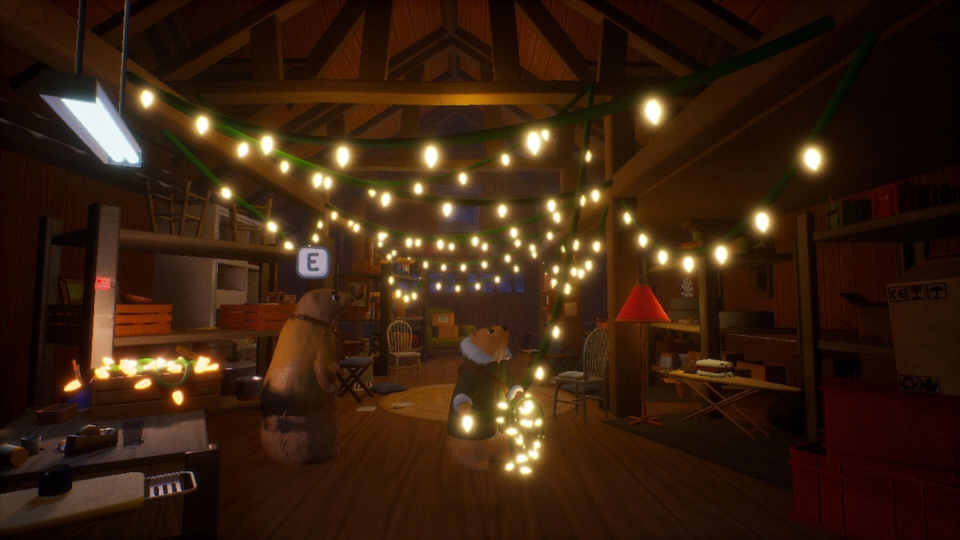 Light Up The Town: Bean hangs glowing string lights in a cozy attic filled with rustic wooden shelves.