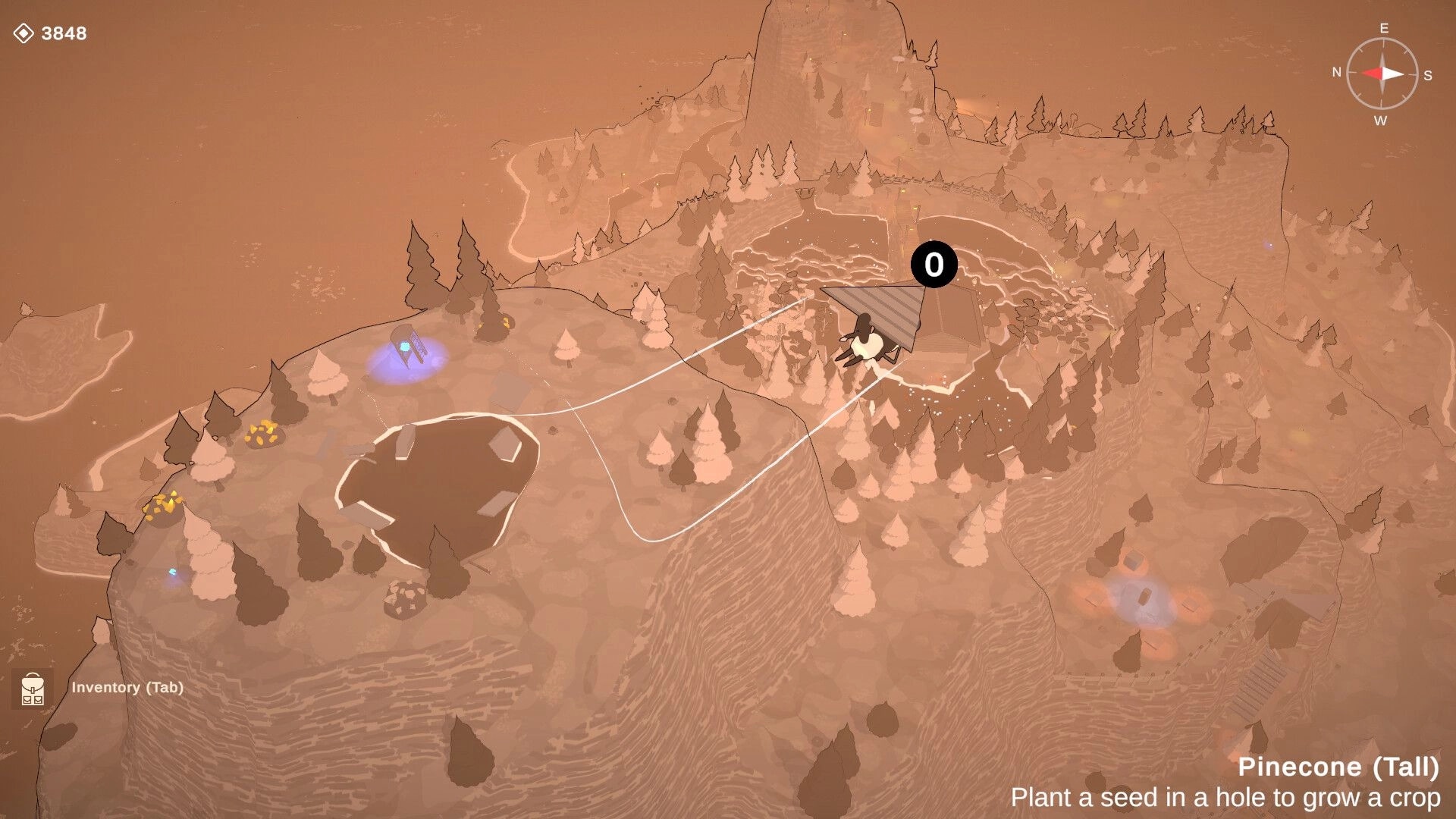 Lightkeeper: Gliding character over a hilly island landscape with UI elements and compass visible