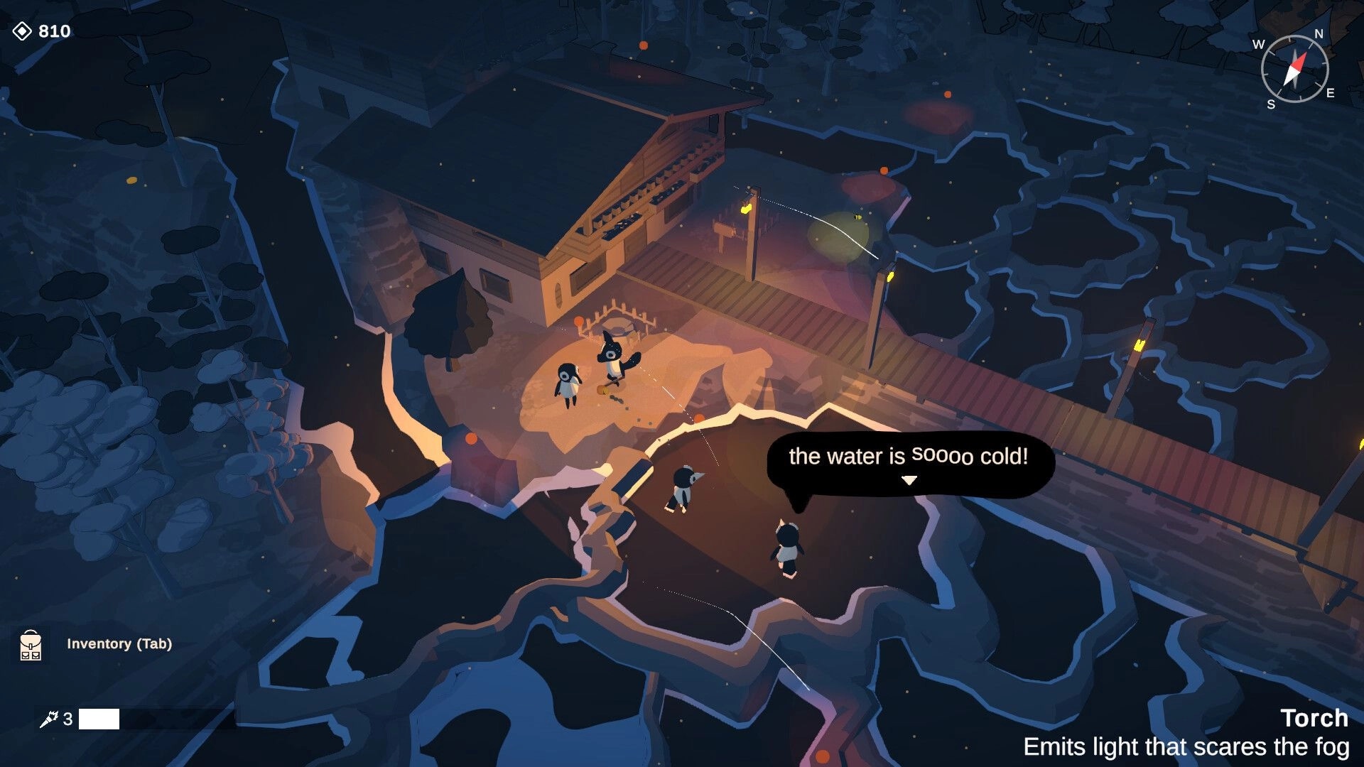 Lightkeeper: Penguins gather near a cabin at night with dialogue bubble, compass, and inventory icons visible.