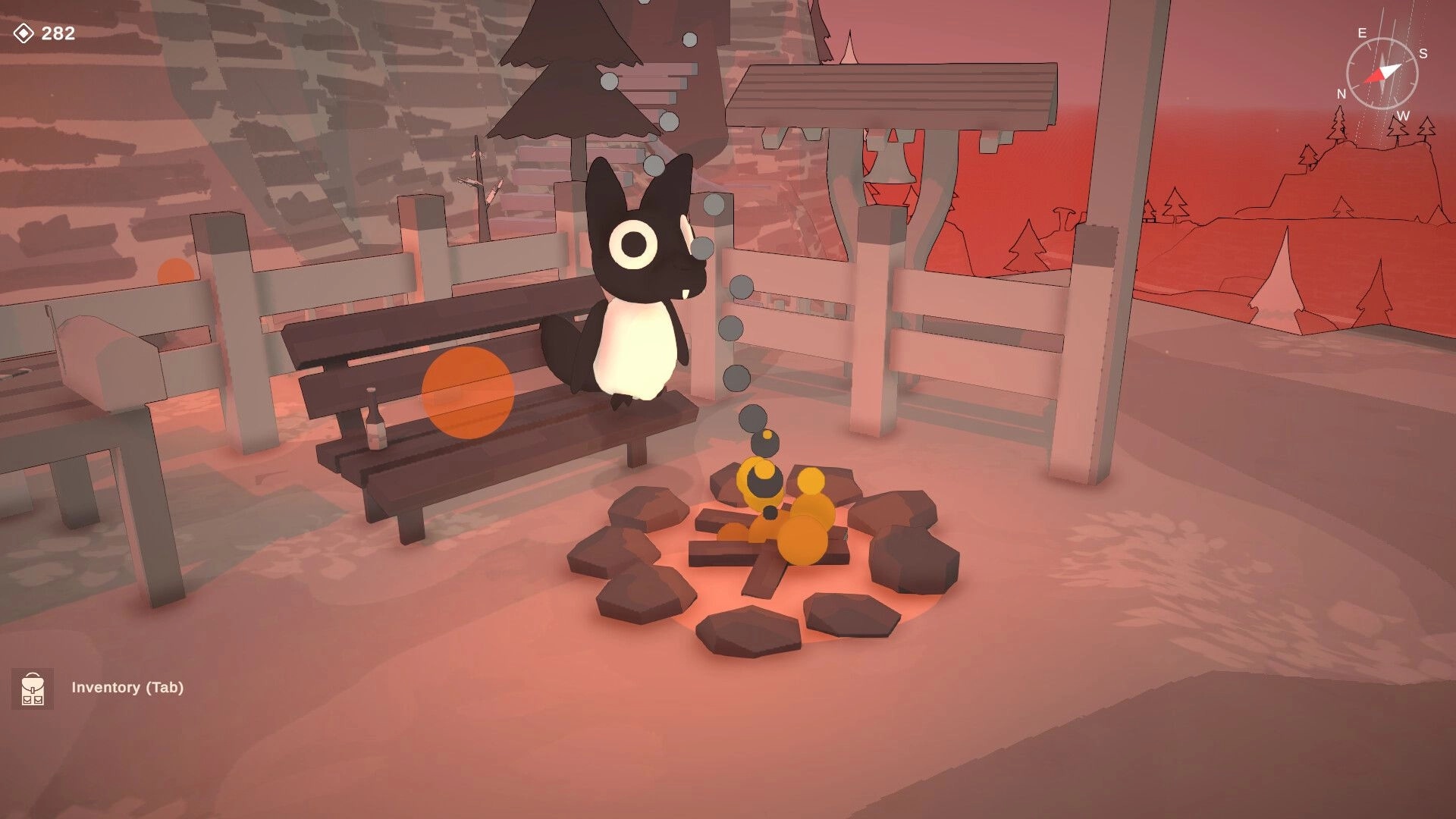 Lightkeeper: Cat-like creature sits on a bench by a campfire in a pink-hued outdoor setting