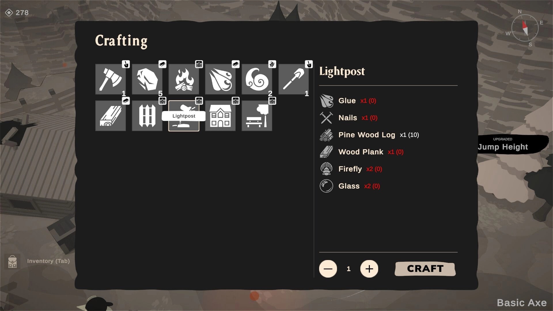Lightkeeper: Crafting interface showing materials needed to build a lightpost in a wooden village setting.