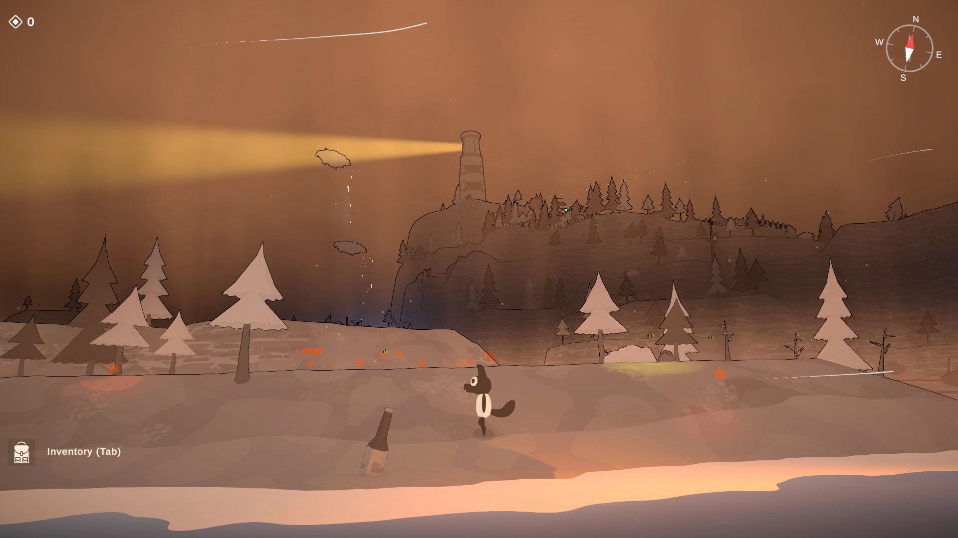 Lightkeeper: Character walking along snowy landscape with lighthouse beam in distance, inventory open