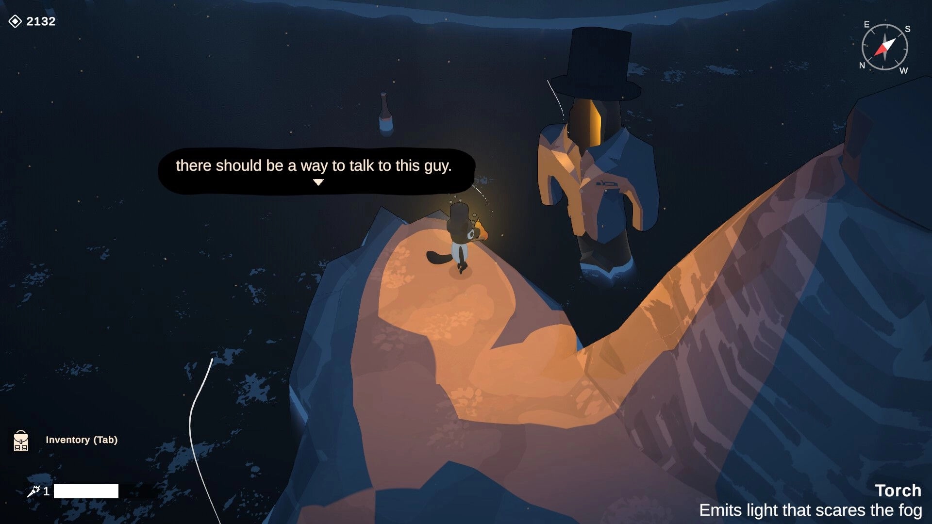 Lightkeeper: Character on cliff with torch, facing a giant statue at night. Inventory and compass visible.