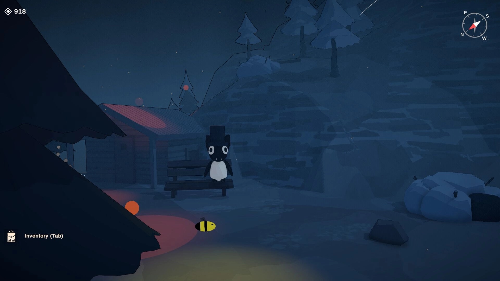 Lightkeeper: Penguin character on bench in moonlit forest with compass and inventory UI elements visible