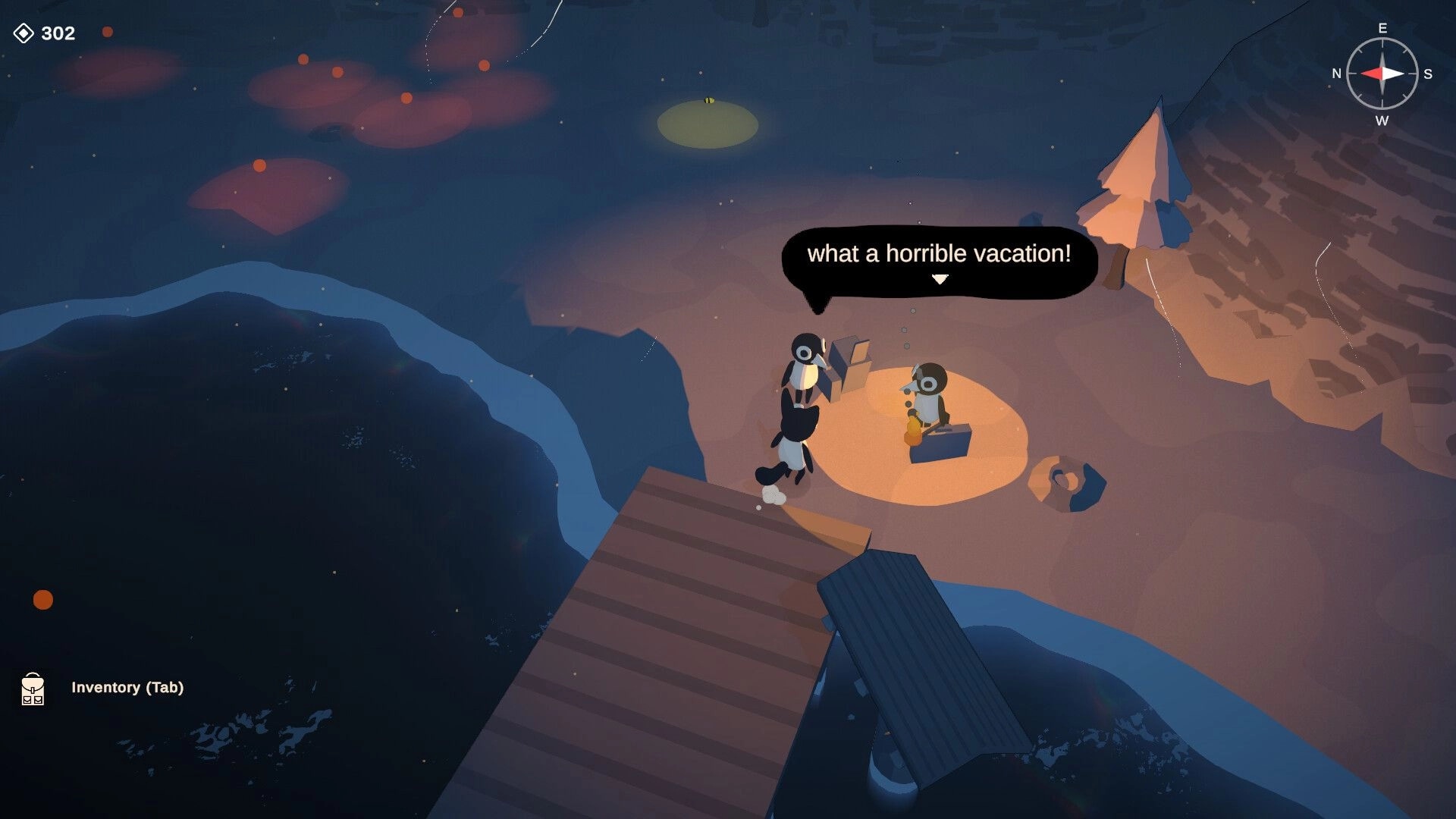Lightkeeper: Two characters converse by a campfire on a cliffside at night, with inventory icon shown