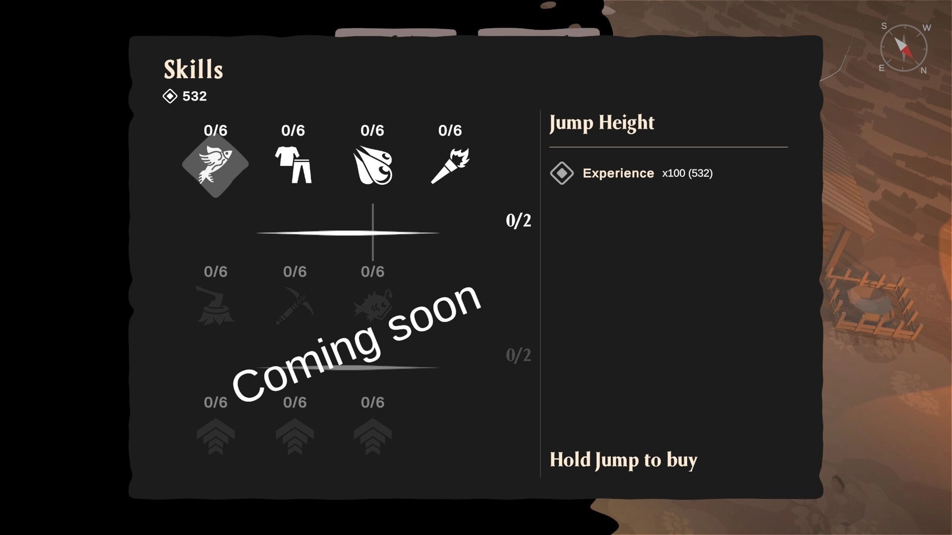 Lightkeeper: Skills menu with icons and "Coming soon" message, showing jump height experience points