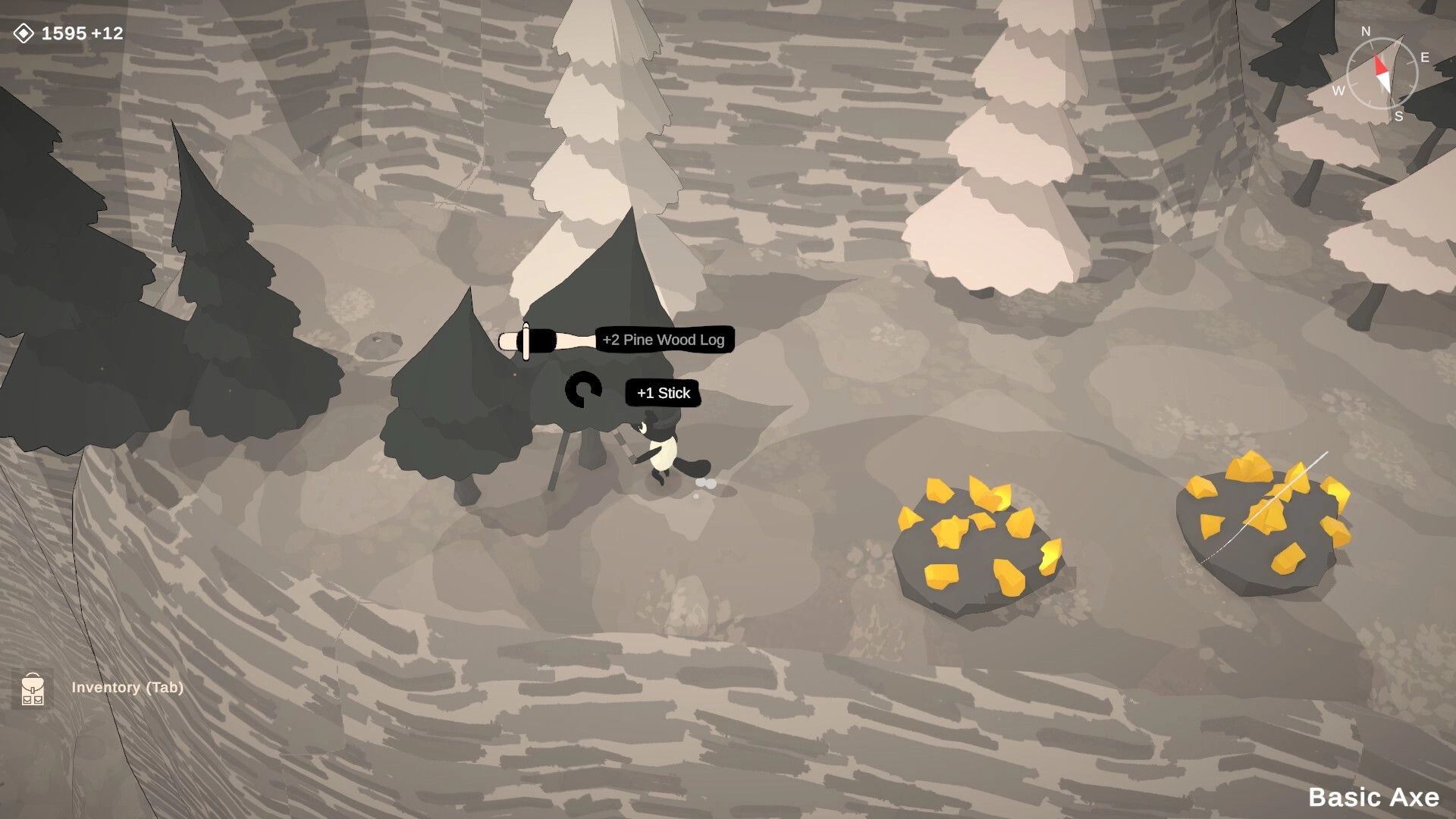 Lightkeeper: Character gathers wood in a forested area with inventory and compass UI elements visible