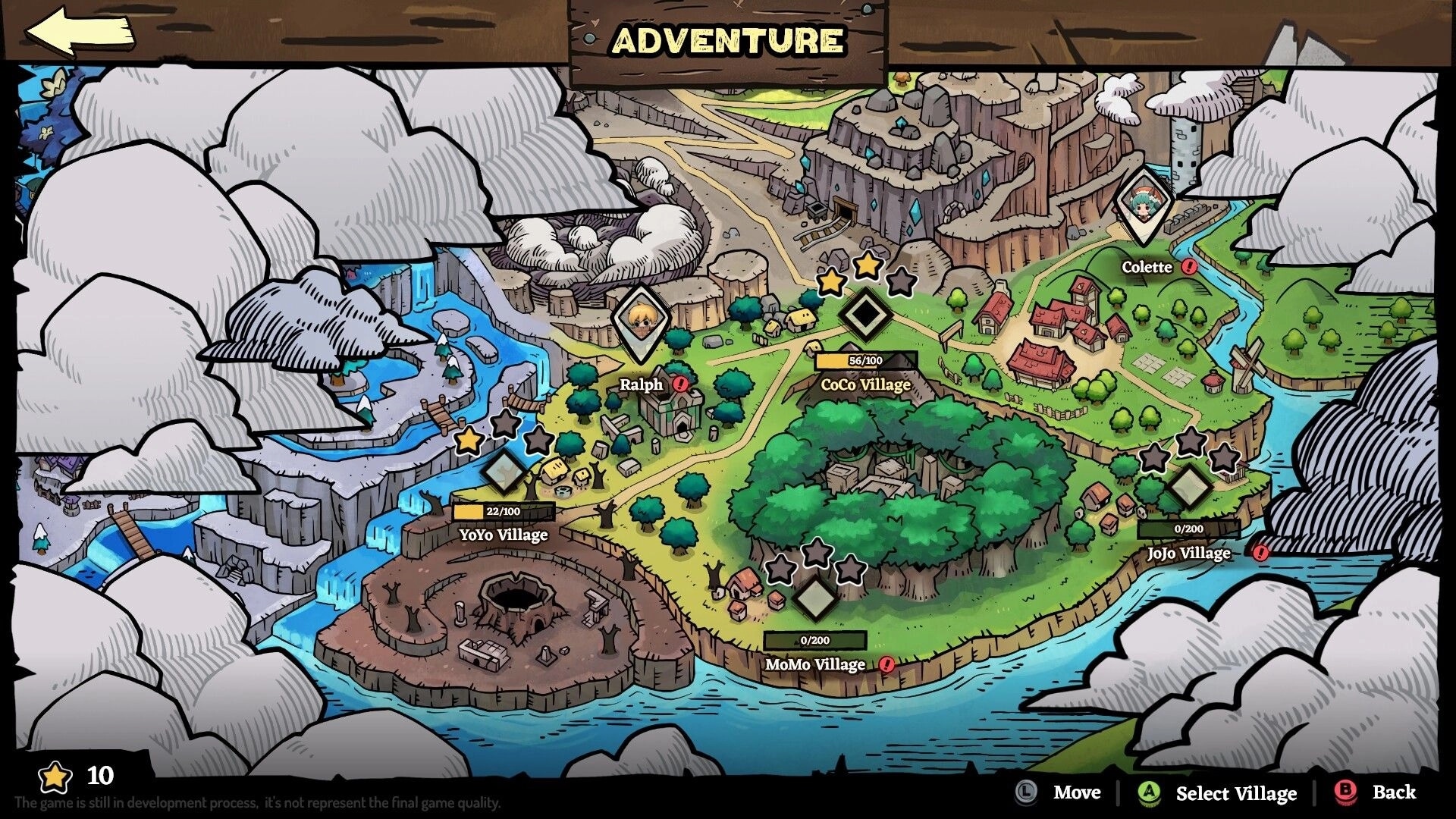 LightSup!: Adventure map overview with selectable villages, character icons, and navigation controls.