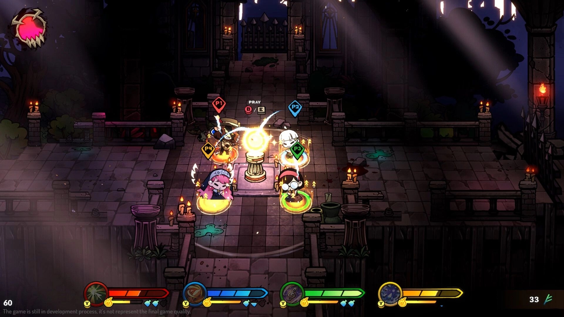 LightSup!: Four adventurers praying at the Altar of Lights inside a dimly lit dungeon chamber