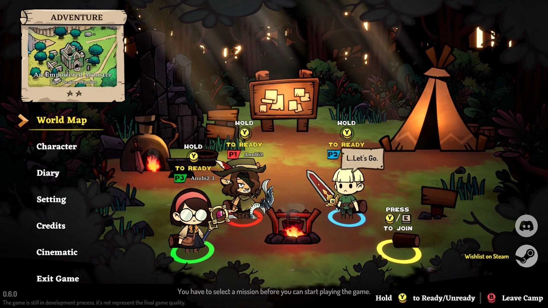 LightSup!: Four characters gather around a campfire in a forest with menu options and mission board visible.
