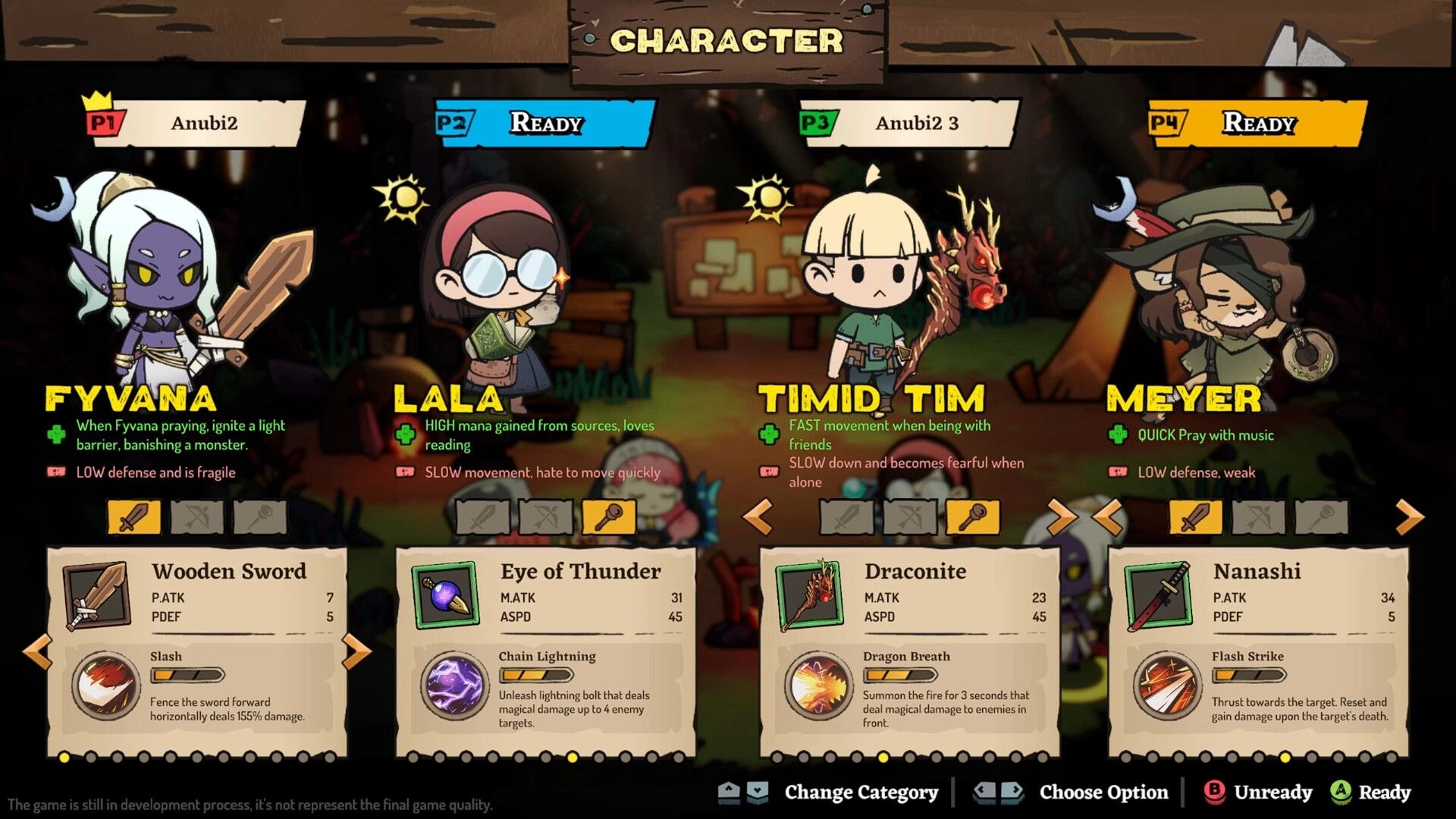 LightSup!: Character selection screen featuring Fyvana, Lala, Timid Tim, and Meyer with stats displayed.