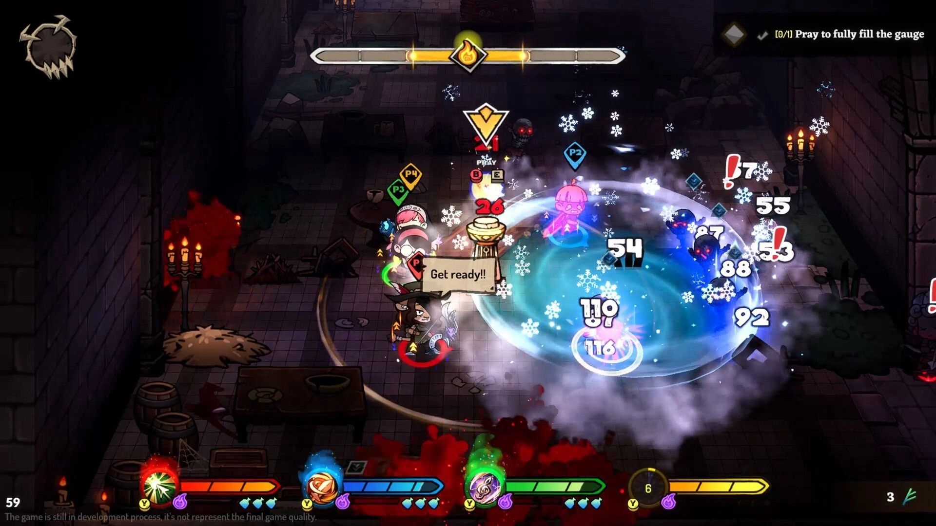 LightSup!: Four players in intense dungeon combat, casting spells and facing off against icy monsters.