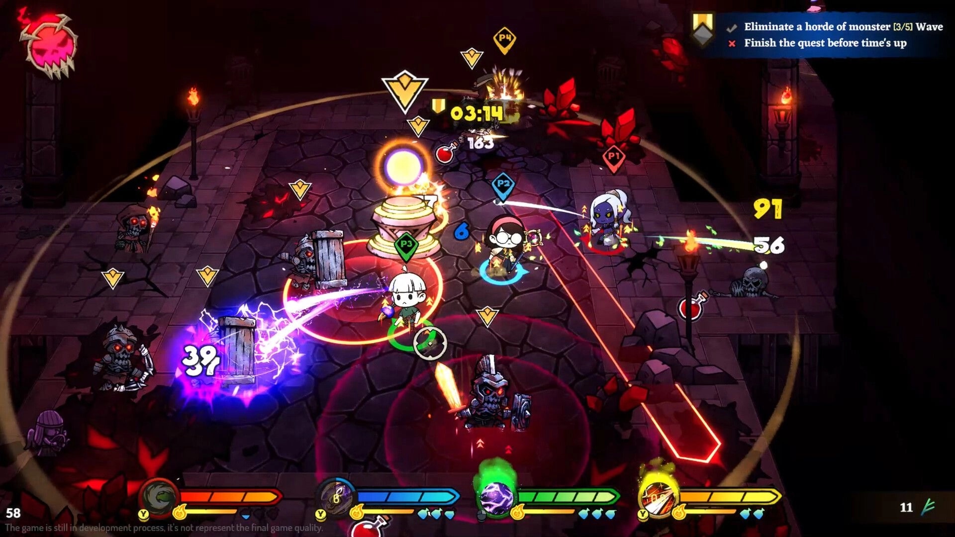 LightSup!: Four players battle monsters with vibrant attacks in a dungeon setting, timers and scores visible.