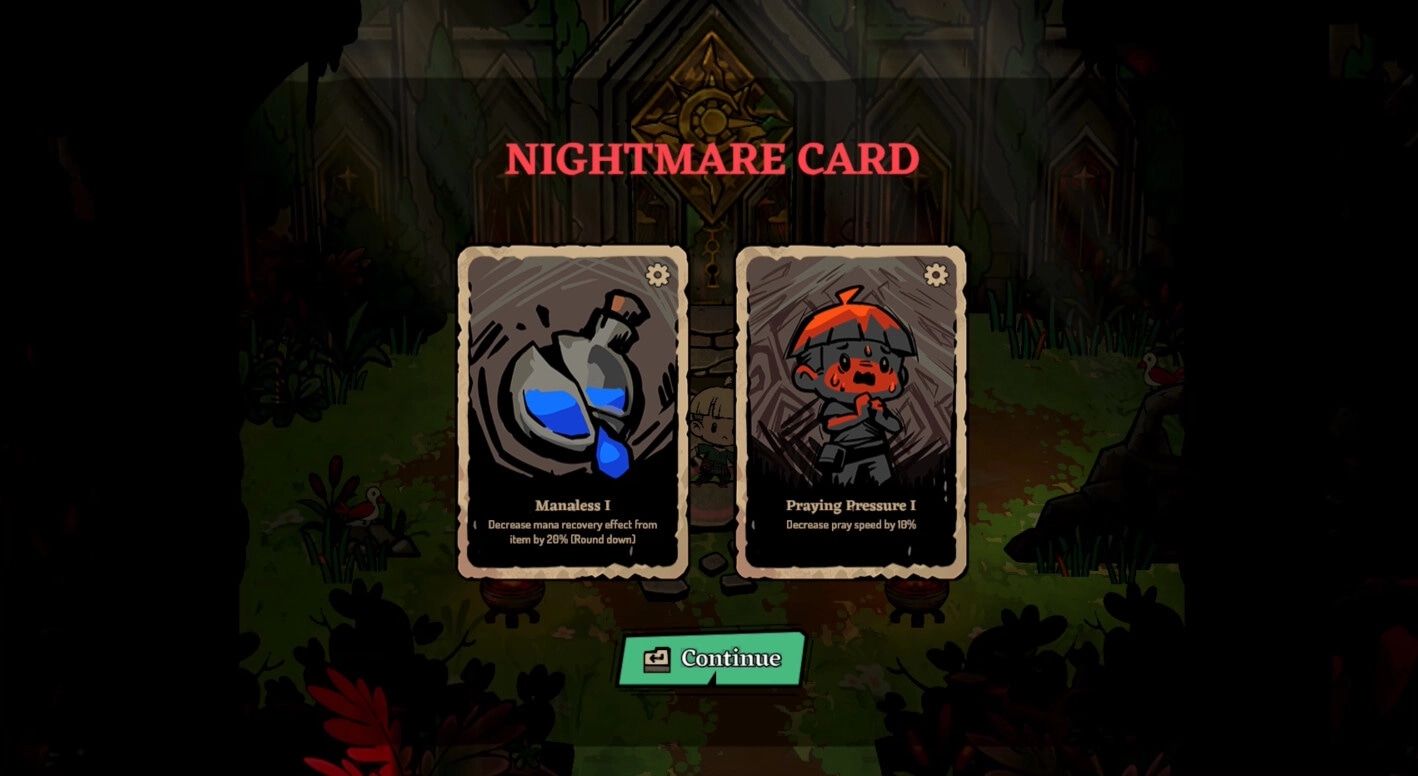 LightSup!: Nightmare card selection with Manaless I and Praying Pressure I options in forest setting.