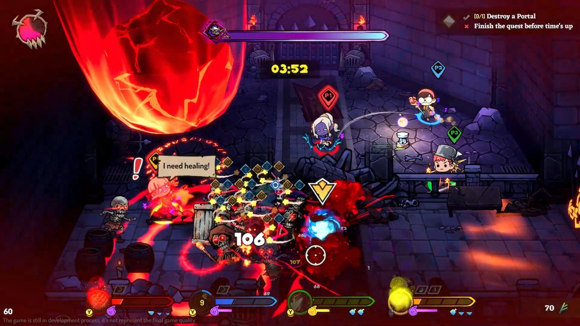 LightSup!: Intense battle in dungeon with players P1-P3 fighting monsters and a glowing red portal overhead