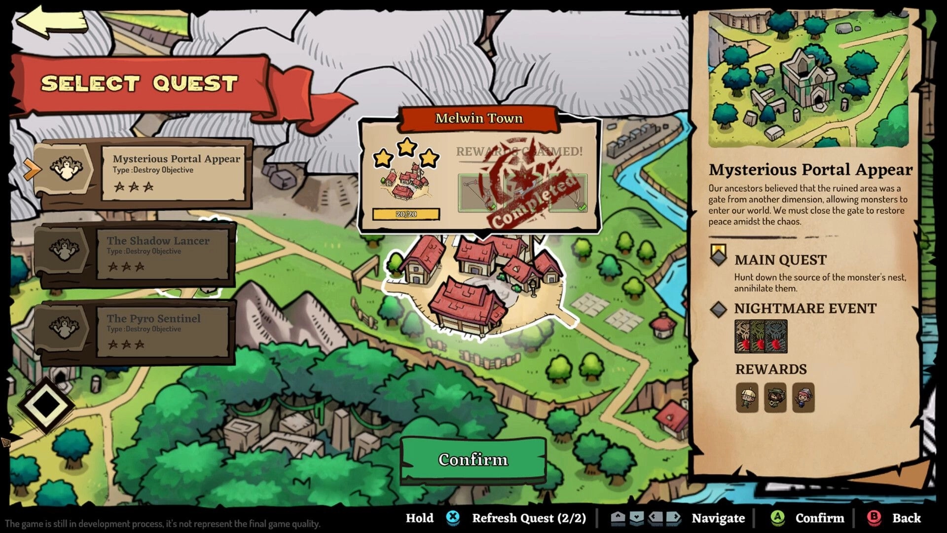 LightSup!: Quest selection screen showing map of Melwin Town with "Mysterious Portal Appear" quest.