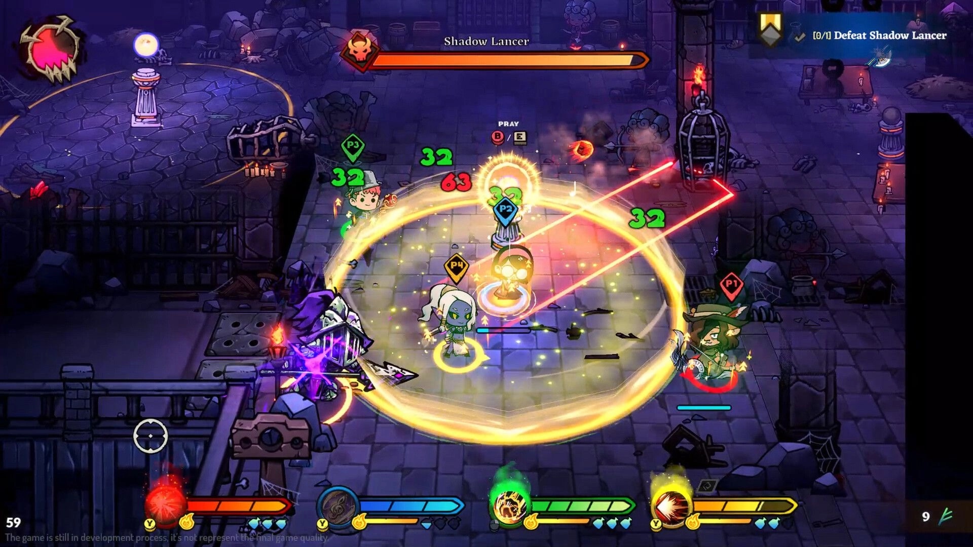 LightSup!: Four players battle Shadow Lancer boss in a dungeon, with health bars and action effects visible.