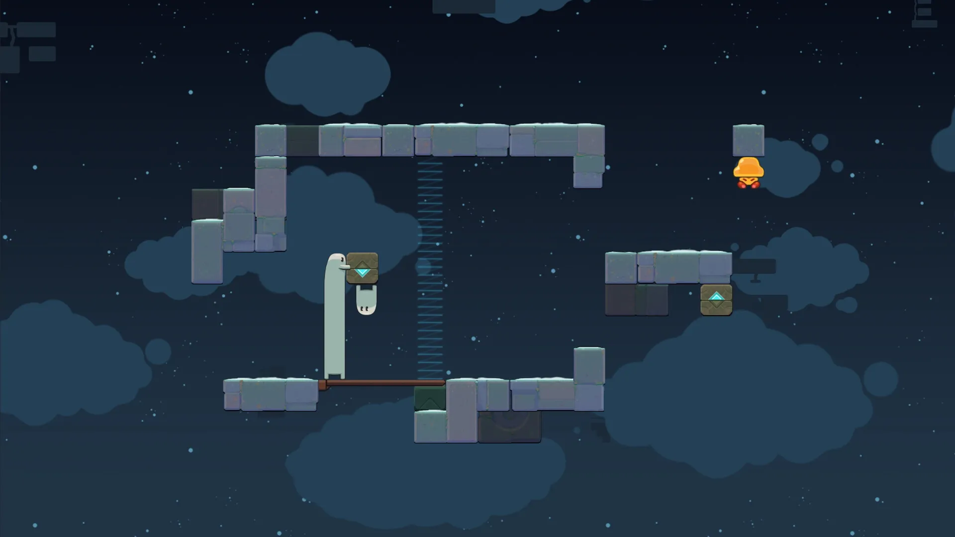 Ligo: Two creatures manipulate blocks in a starry sky environment with floating platforms and clouds.