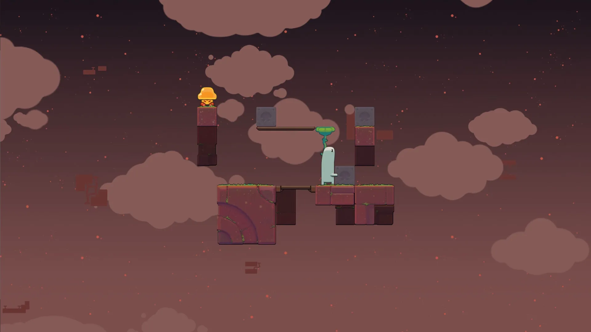Ligo: Character uses plant head to solve platform puzzle in a sky filled with floating clouds