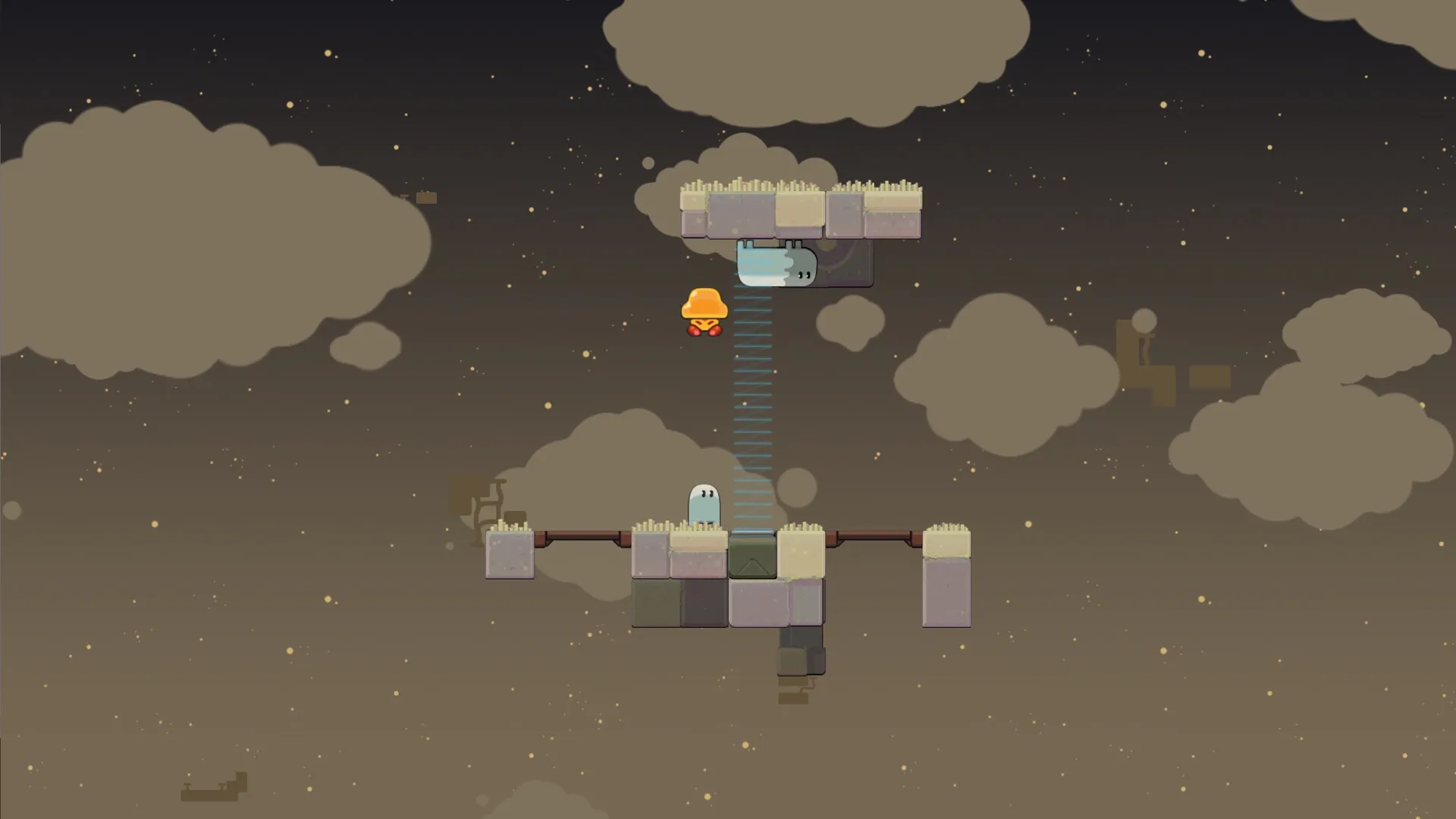 Ligo: Small creature jumps between floating platforms in a starry sky with clouds in the background.