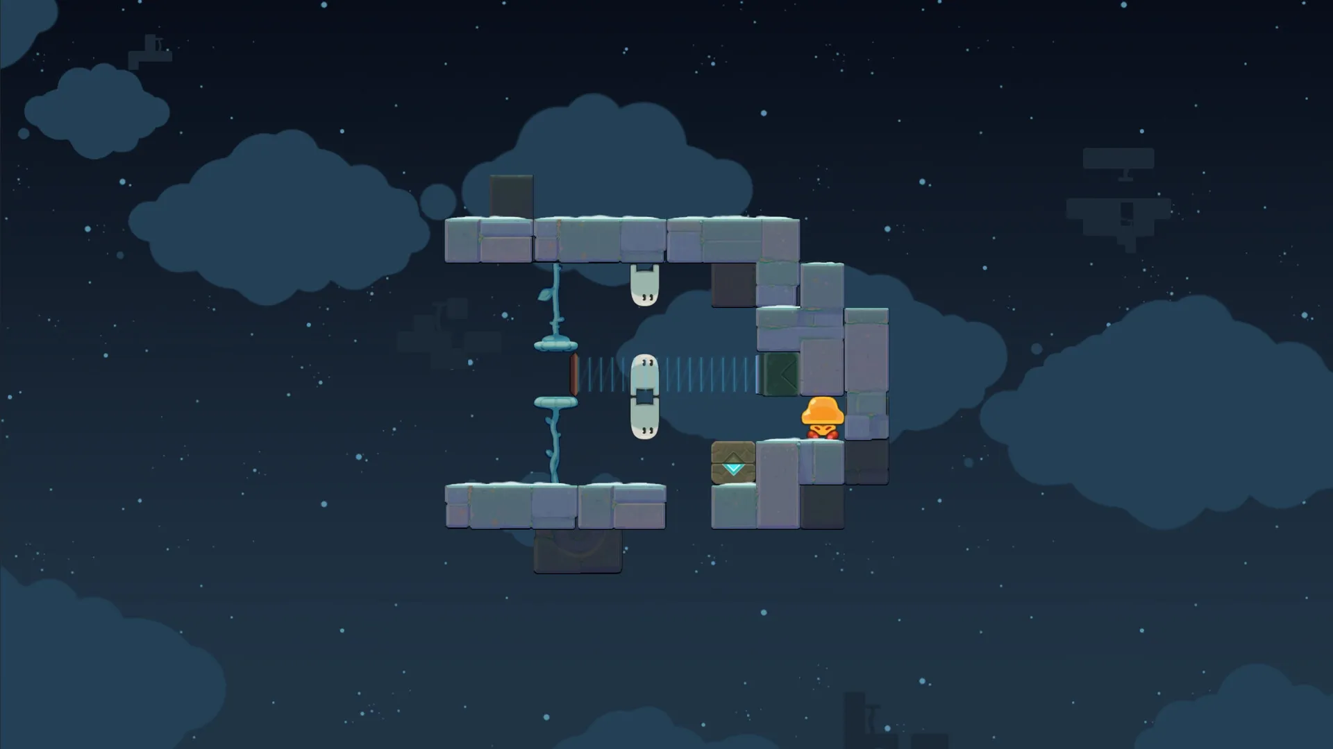 Ligo: Character in orange hat solving floating block puzzle in cloudy night sky environment