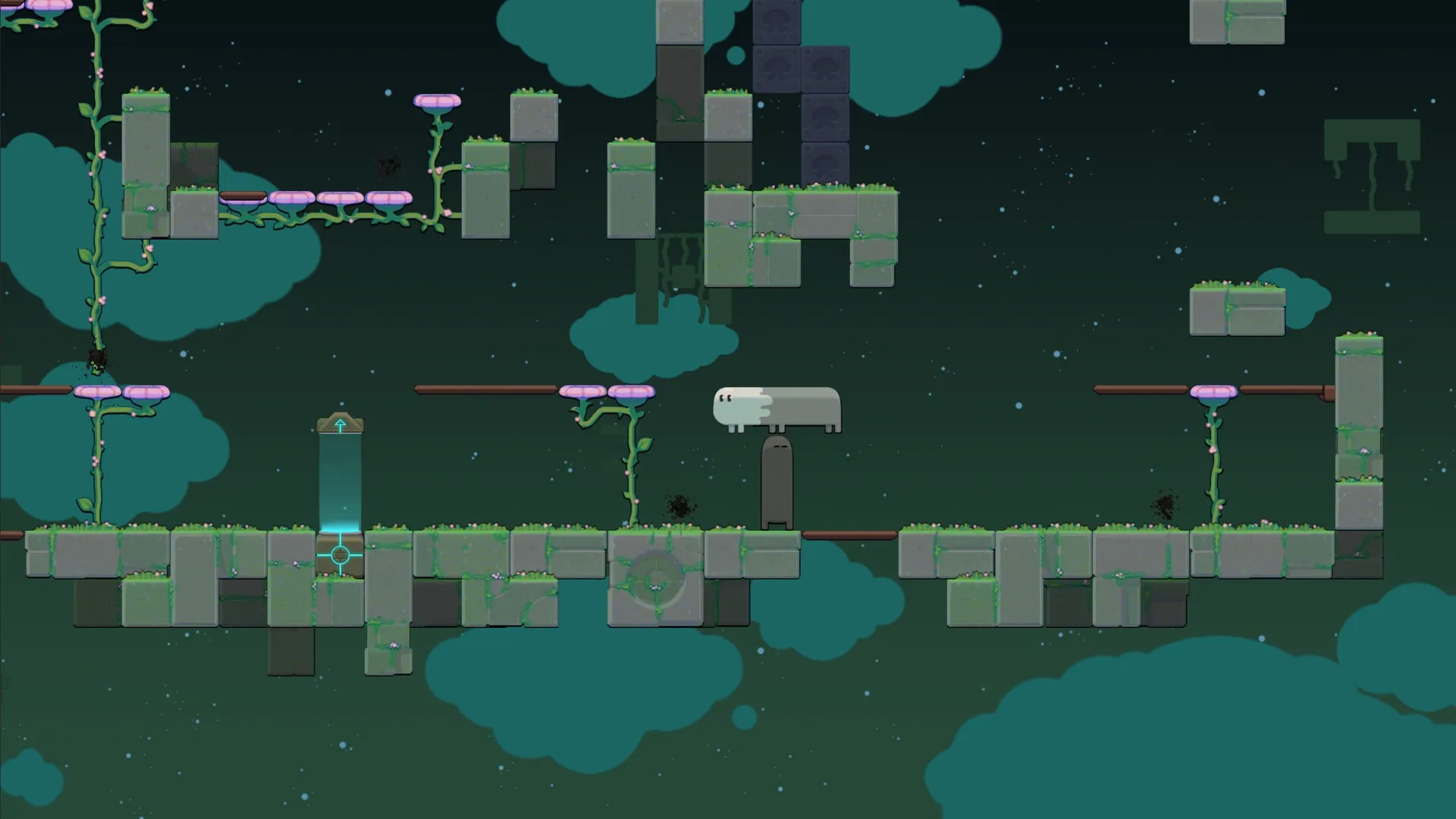 Ligo: Two creatures collaborate to navigate floating platforms and vines in a starry night sky environment.