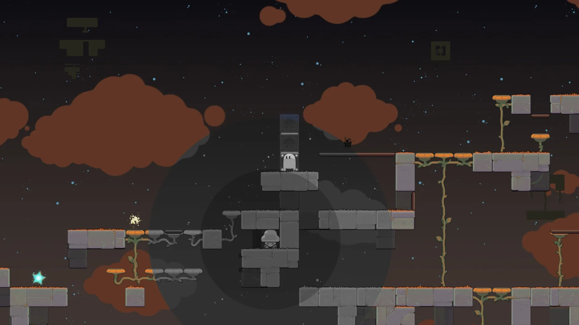 Ligo: A small creature navigates floating platforms and vines under a starry sky with orange clouds.