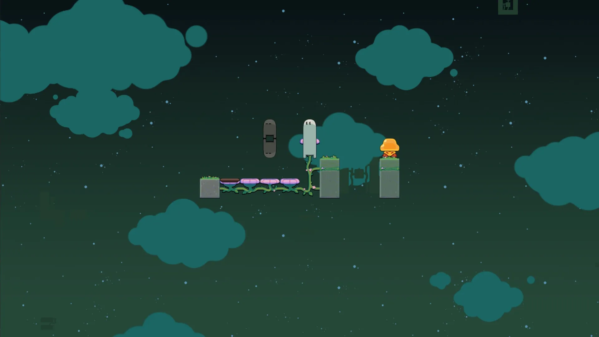 Ligo: Character standing on platforms with vines and a mysterious yellow figure in a starry sky setting