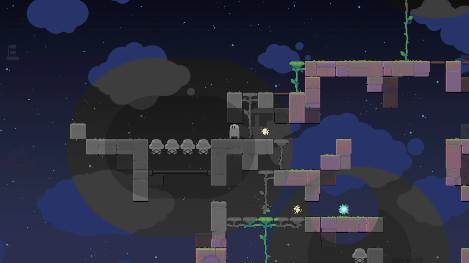 Ligo: Small creature navigating block platforms under a starry night sky with glowing orbs nearby