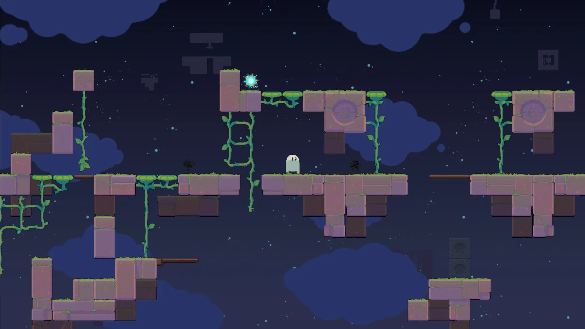 Ligo: Small ghost exploring floating platforms with vines and glowing orb in a starry night sky.