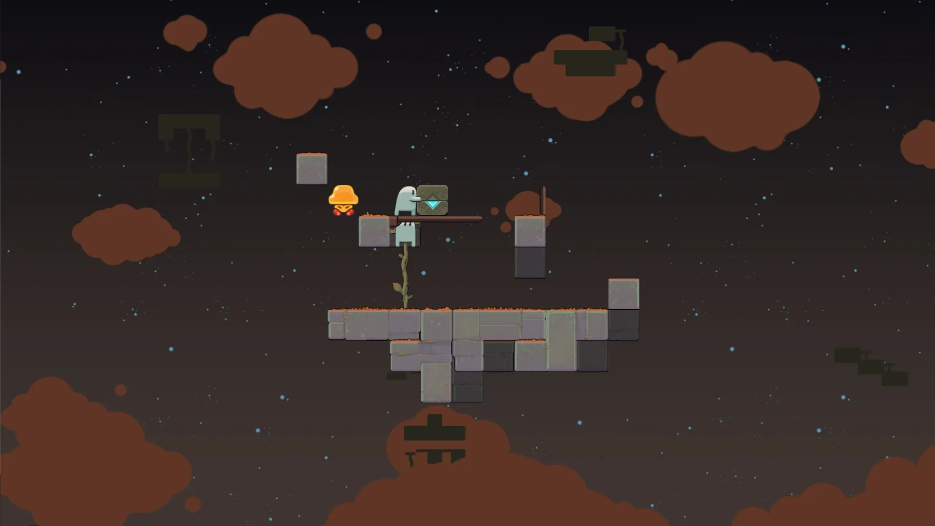 Ligo: Character and creature navigate floating platforms in a starry sky environment with brown clouds.