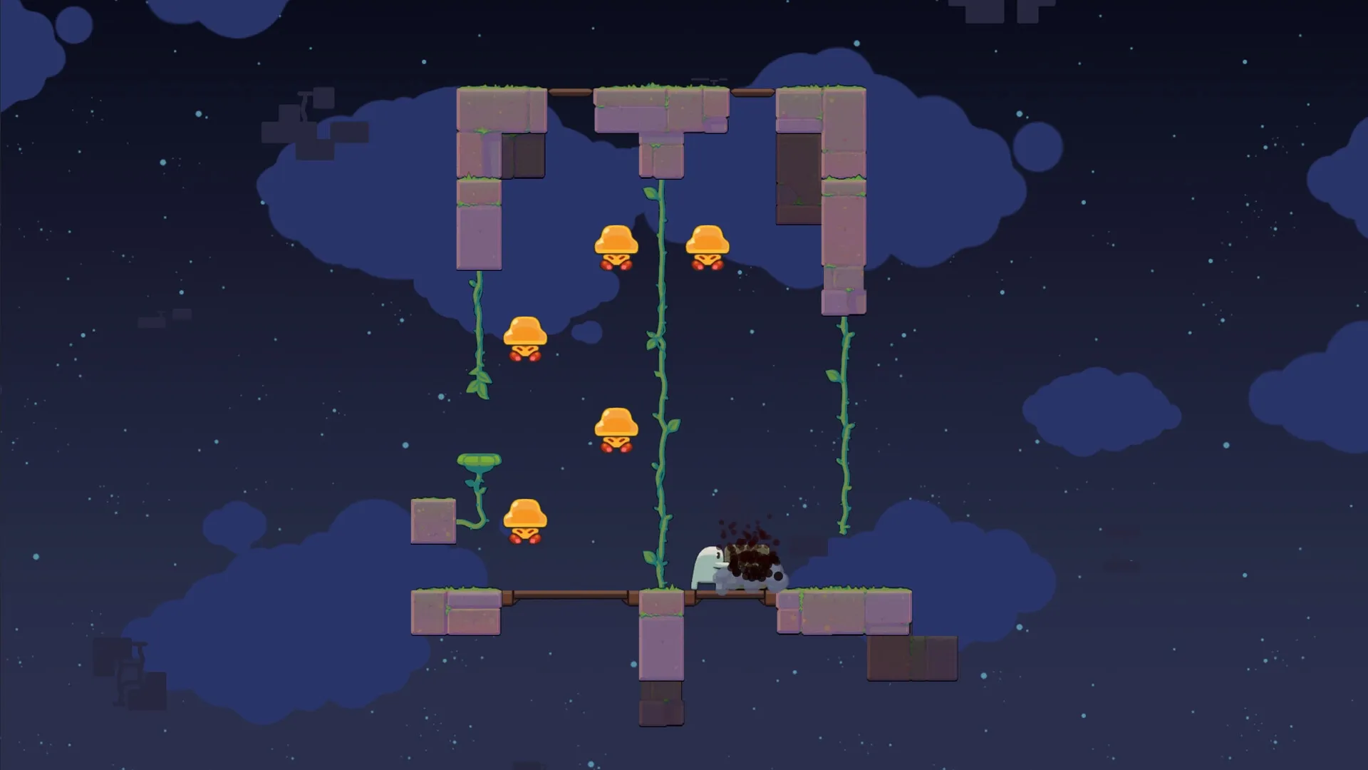 Ligo: Puzzle platform with floating blocks, vines, and small creatures in a starry sky environment