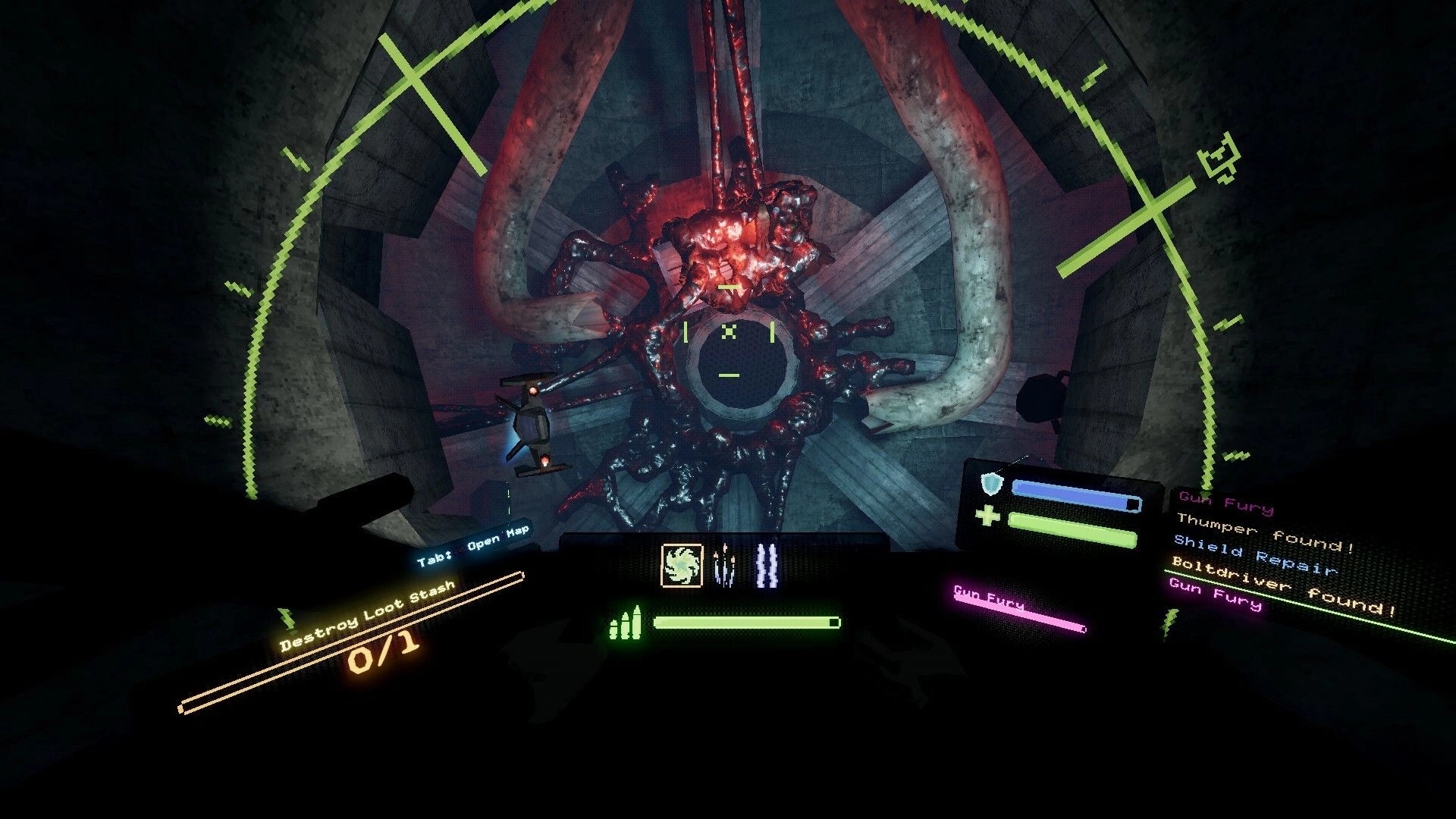 Liha: Player ship targeting a large organic enemy with health bars and loot notifications in a derelict.