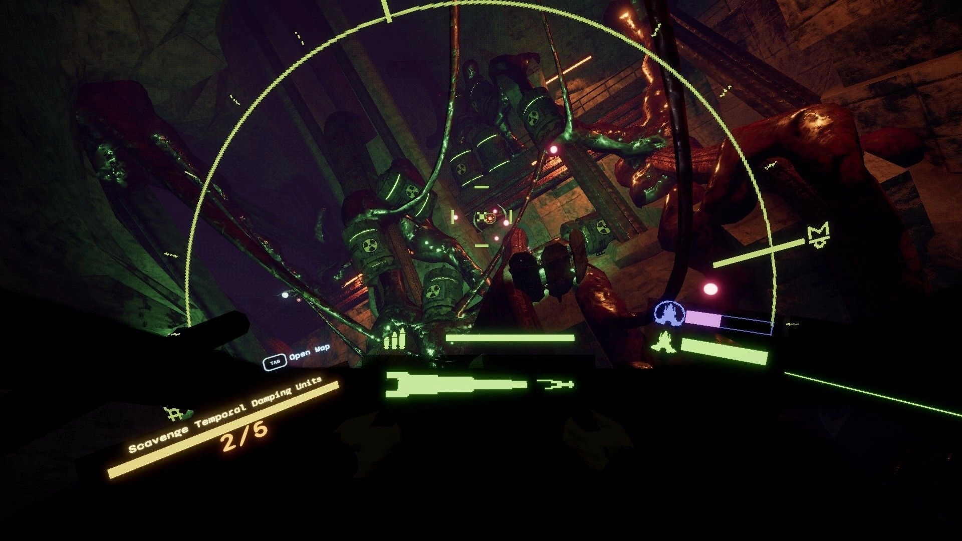 Liha: Player's HUD in zero-gravity derelict with targeting reticle and mission objectives displayed