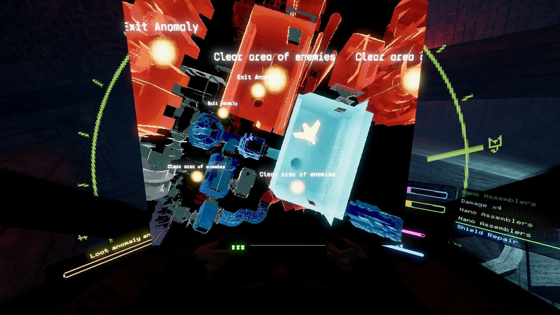Liha: Navigating derelict with HUD showing objectives and inventory in a zero-gravity environment.