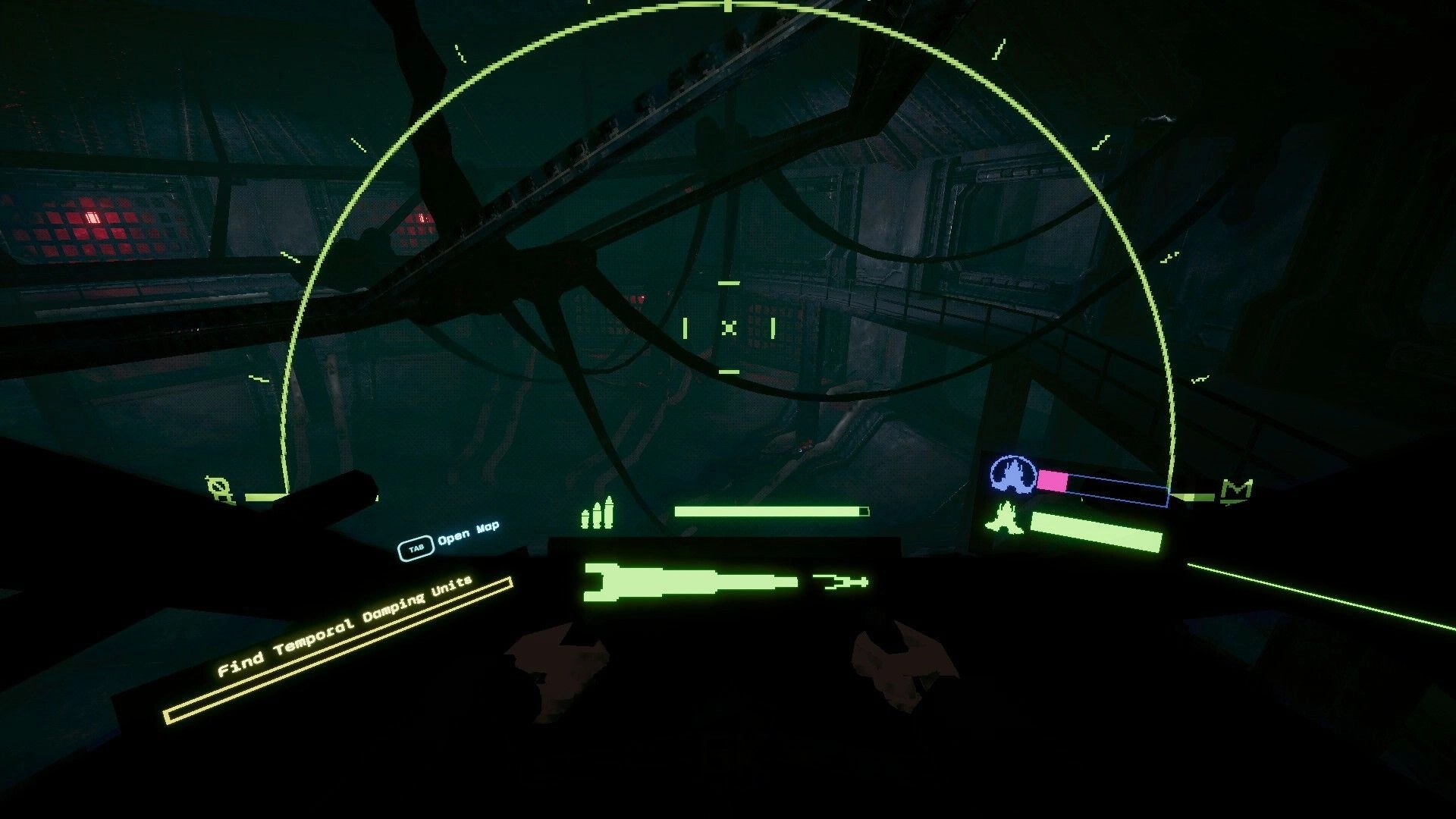 Liha: Cockpit view with HUD displaying mission objective and ship stats in dark, derelict environment