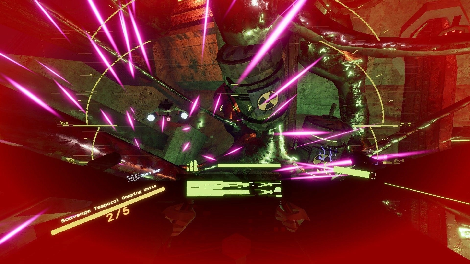 Liha: Intense combat with pink laser beams in a derelict, anomaly-warped environment displaying UI stats.